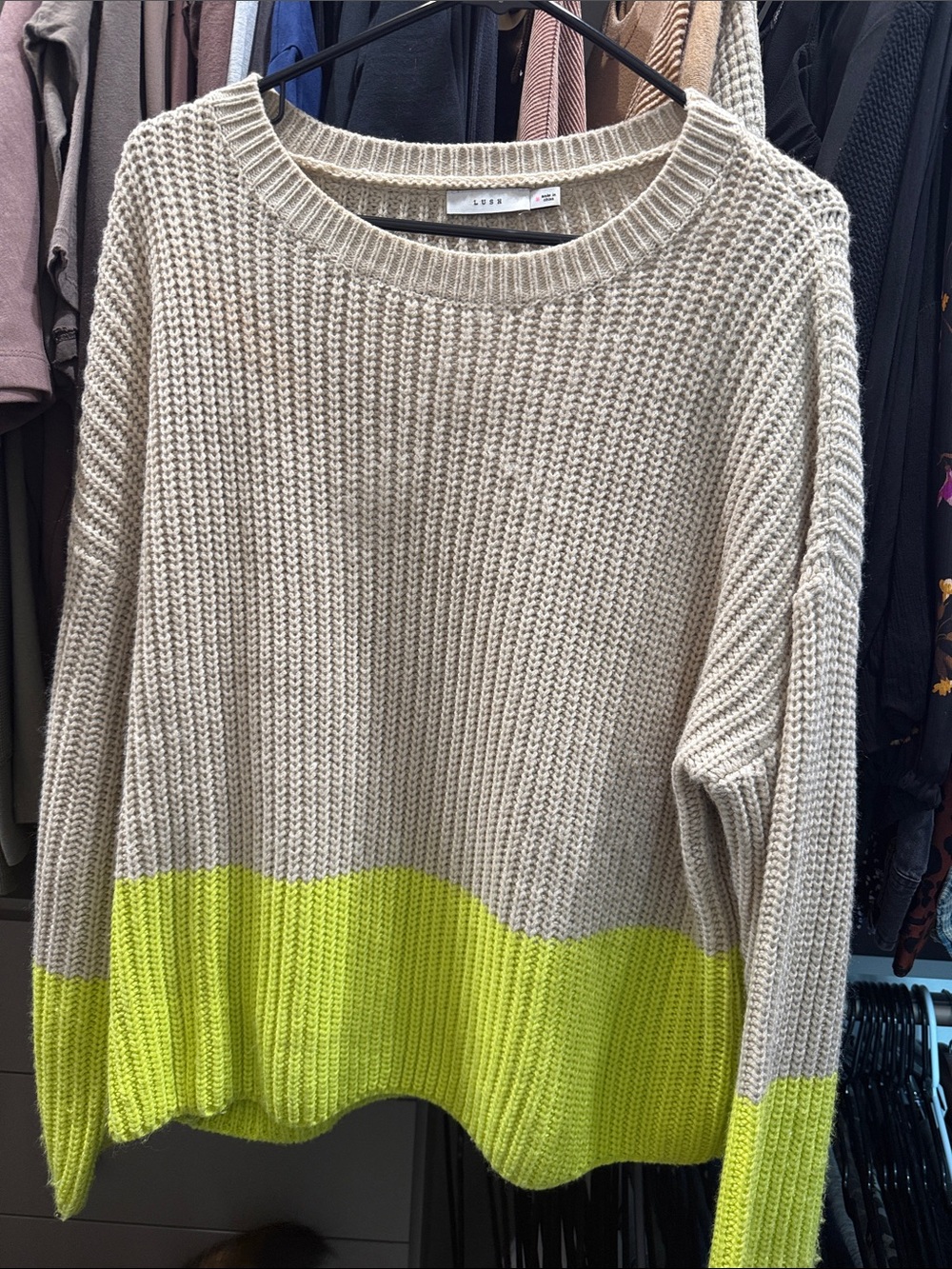 Lush Cream and Yellow Colorblock Crewneck Sweater